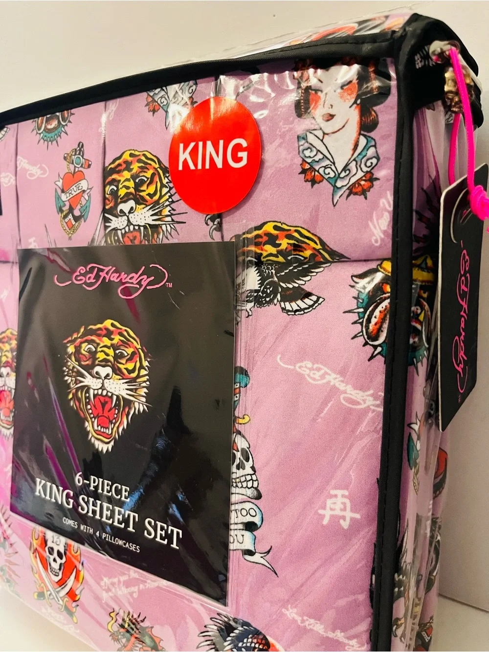 Ed Hardy King Size Sheet Set Purple Tiger Skull Geisha Panther Roses 13 Eagle